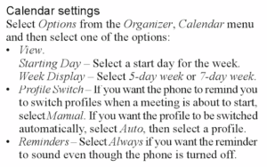 Screenshot of the user manual describing calendar-based profile switching.